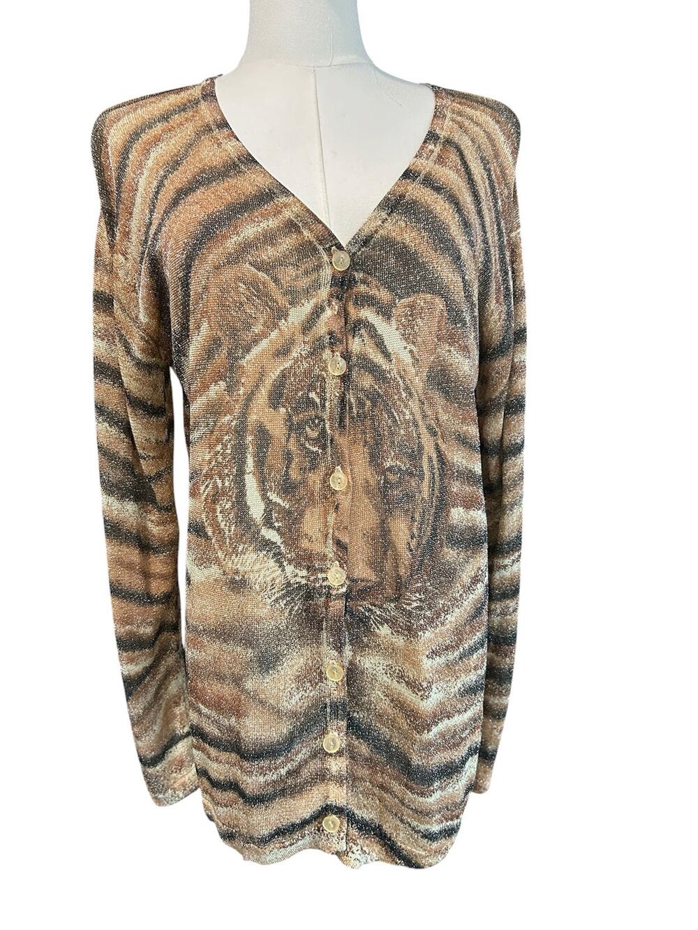 Iris Singer Italy Metallic Tiger Animal Print Lurex Cardigan S/M Y2K FLAW Artsy